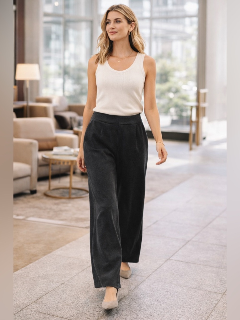 Vuori Elevation Trouser Pants Black Heather Wide Leg Womens M Soft Stretch